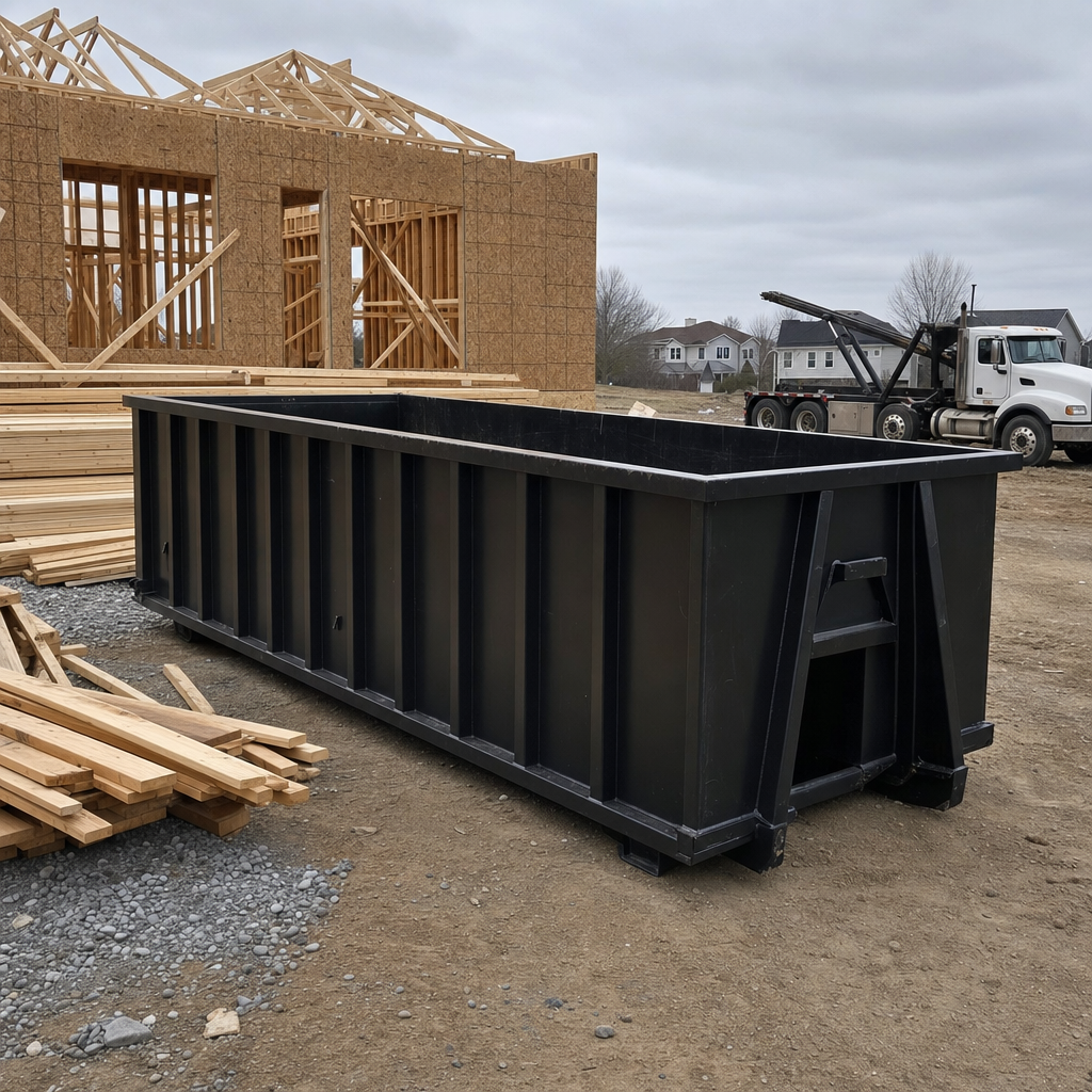 Matte-black 40-yard roll-off dumpster staged on a framed-out residential construction site in Lewisville, framing lumber stacked nearby, hooklift delivery truck visible in the background under bright Colorado daylight