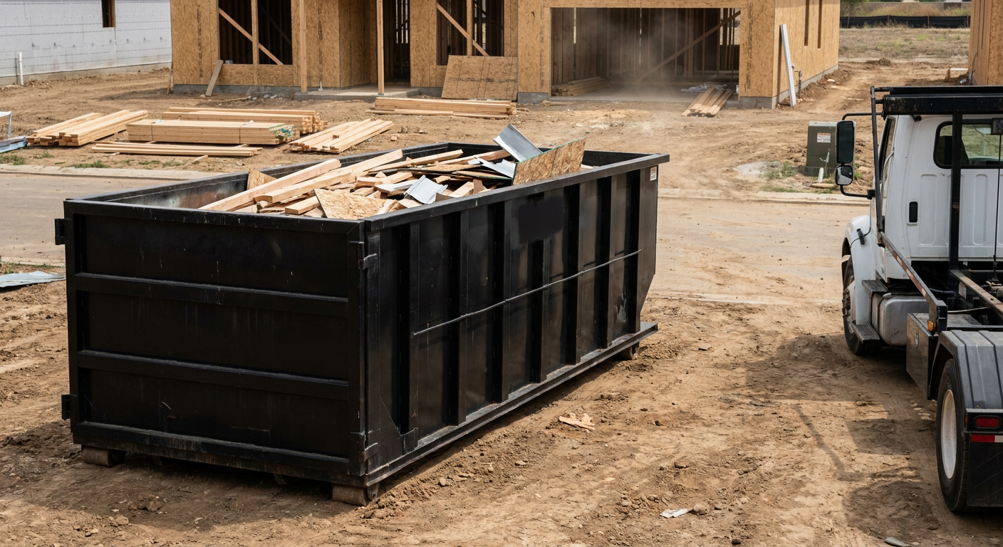 Matte-black 20-yard roll-off construction dumpster with heavy ribbed steel sidewalls and swing rear doors at a working jobsite in Lewisville, sitting directly on compacted dirt with an unmarked white hauler partially visible at the far edge of the frame.