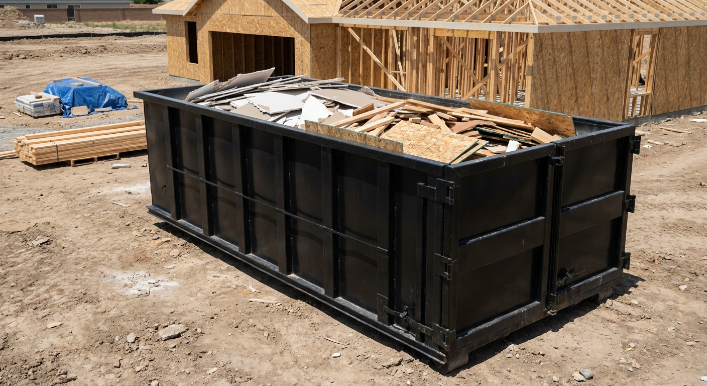 Matte-black 30-yard roll-off construction dumpster sitting directly on the compacted-dirt site of a framed single-family home build in Lewisville, drywall and lumber scrap loaded inside.