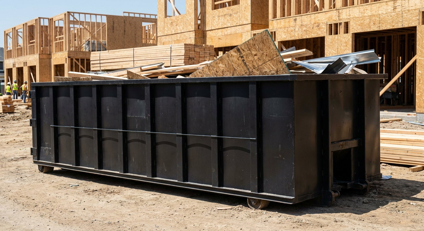 Matte-black 40-yard roll-off construction dumpster being lowered from a white-cab hooklift delivery truck onto the compacted-dirt jobsite at a commercial build site in Lewisville