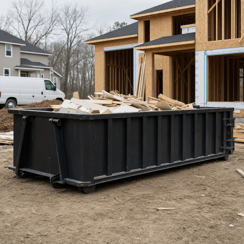 Worker in a yellow high-visibility vest tossing framing lumber and broken drywall into a matte-black 30-yard construction roll-off dumpster on an active build site in Lewisville, bright daylight