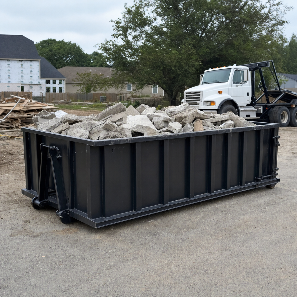 Low-profile matte-black lowboy roll-off dumpster loaded with broken concrete slab and rebar at a foundation tear-out in Lewisville, skid steer parked beside it, sunny Colorado morning