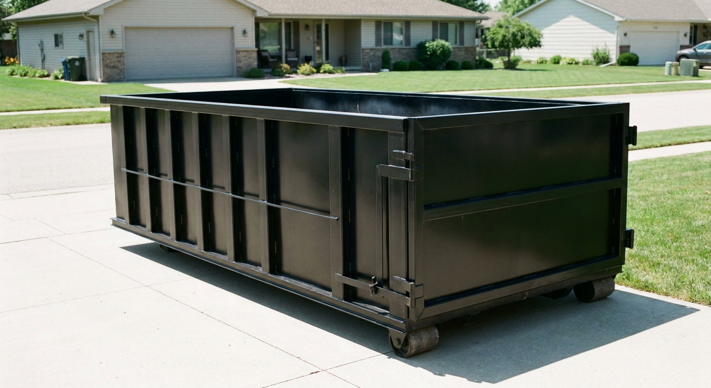 Matte-black 10-yard roll-off dumpster on a residential concrete driveway in Lewisville, uniformly painted matte black across every panel and rail, ribbed steel sidewalls and rear swing door visible, mid-day daylight.