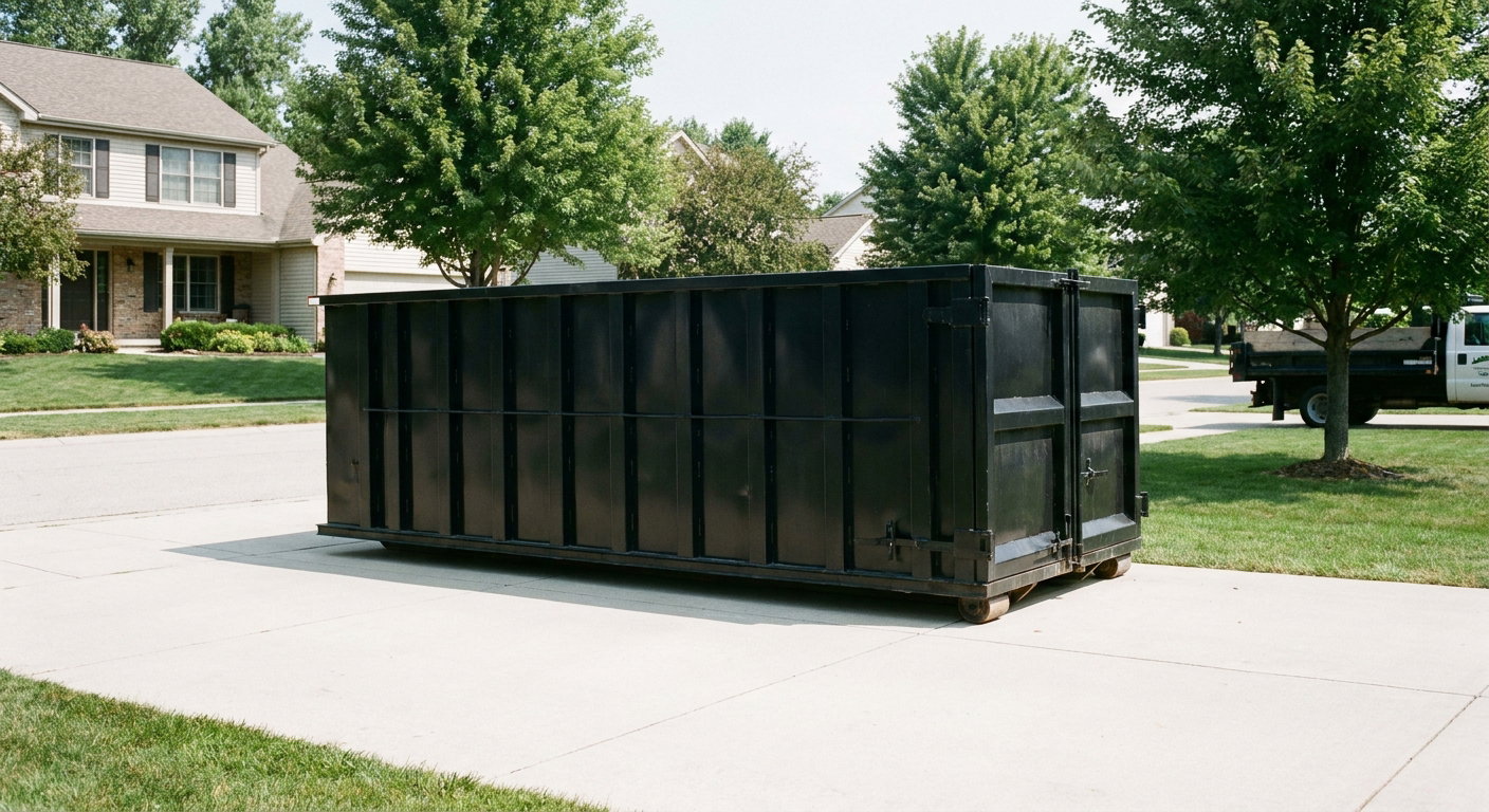 Matte-black 20-yard roll-off dumpster sitting level on a clean Lewisville residential concrete driveway under bright daylight, demonstrating clean placement directly on the concrete.