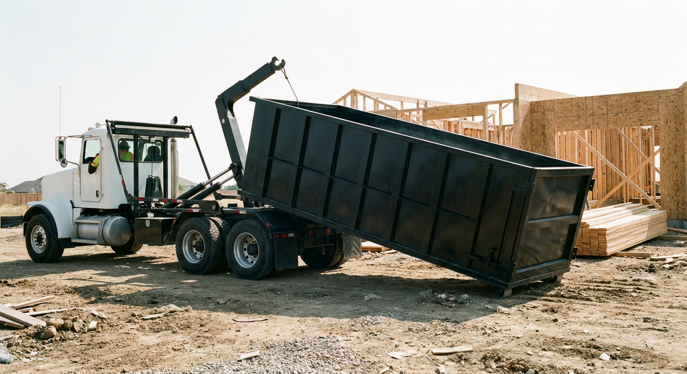 Matte-black roll-off dumpster being delivered onto a clean residential concrete driveway in Lewisville by an unmarked white hooklift hauler truck, bright morning daylight, documentary 35mm perspective.