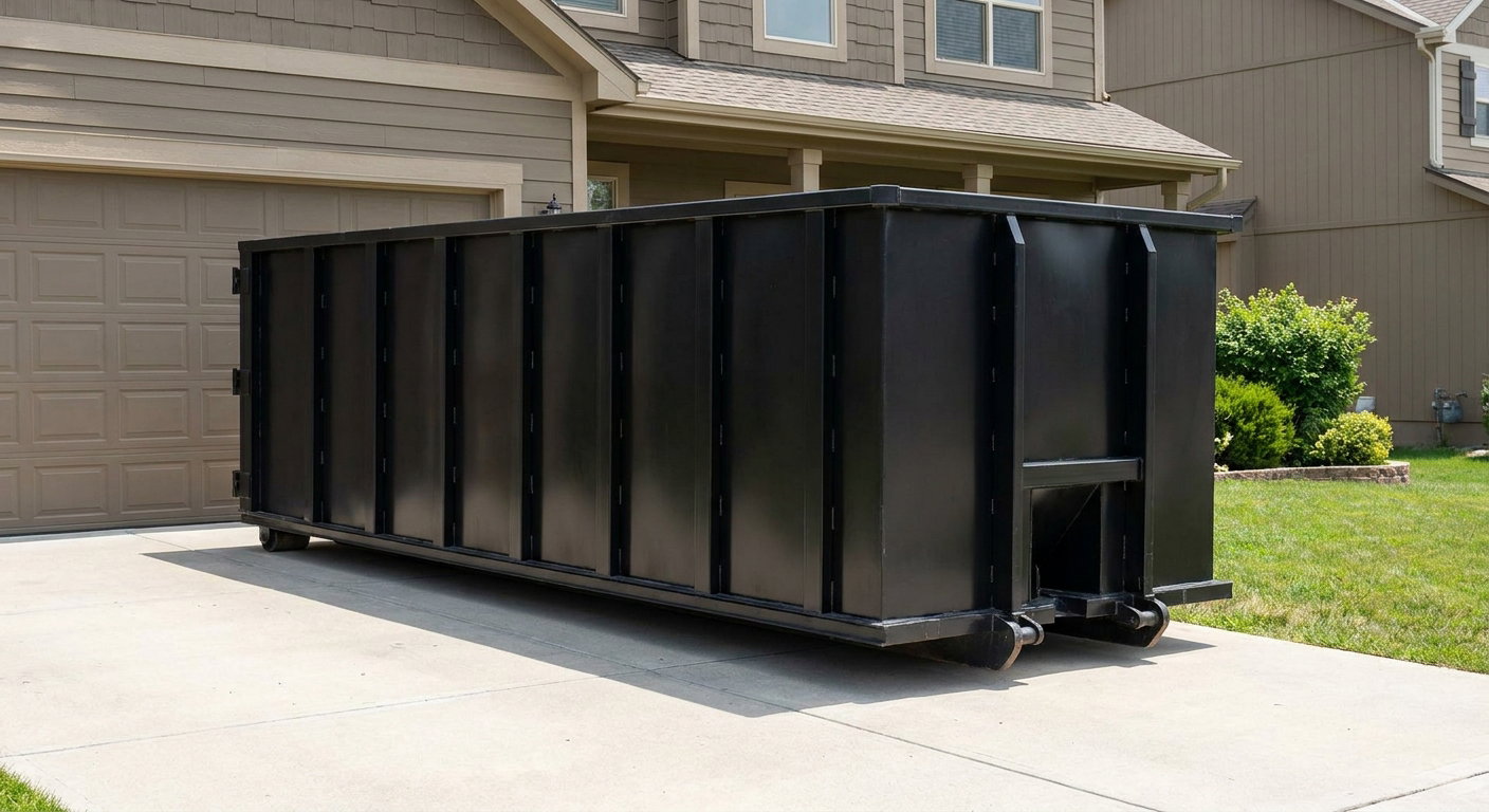 Matte-black residential roll-off dumpster sitting directly on a suburban Lewisville concrete driveway, garage door closed, single-family home in background, bright morning daylight.