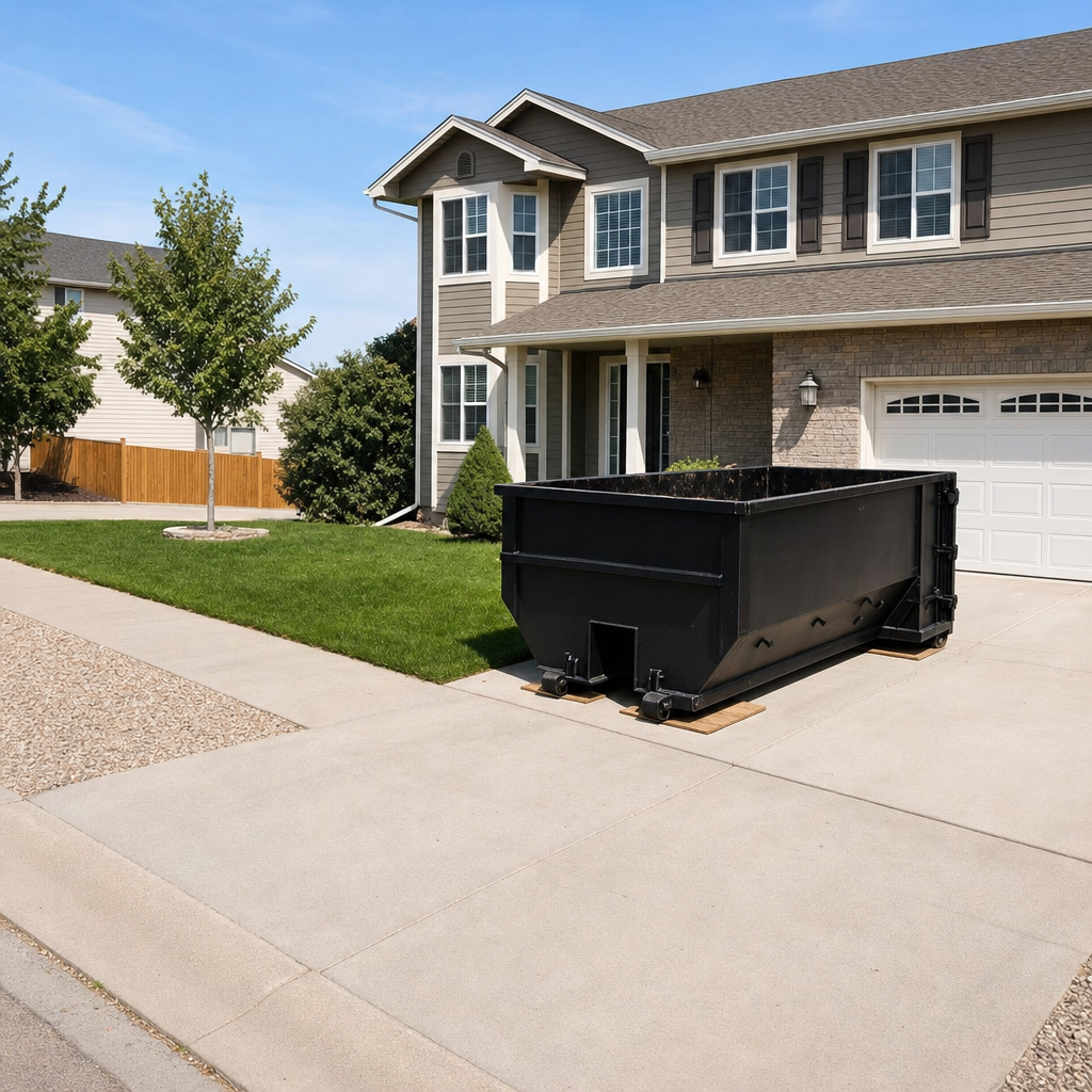 10-yard matte-black residential dumpster placed directly on a narrow Lewisville concrete driveway, room remains for a parked sedan beside it, mid-morning natural light