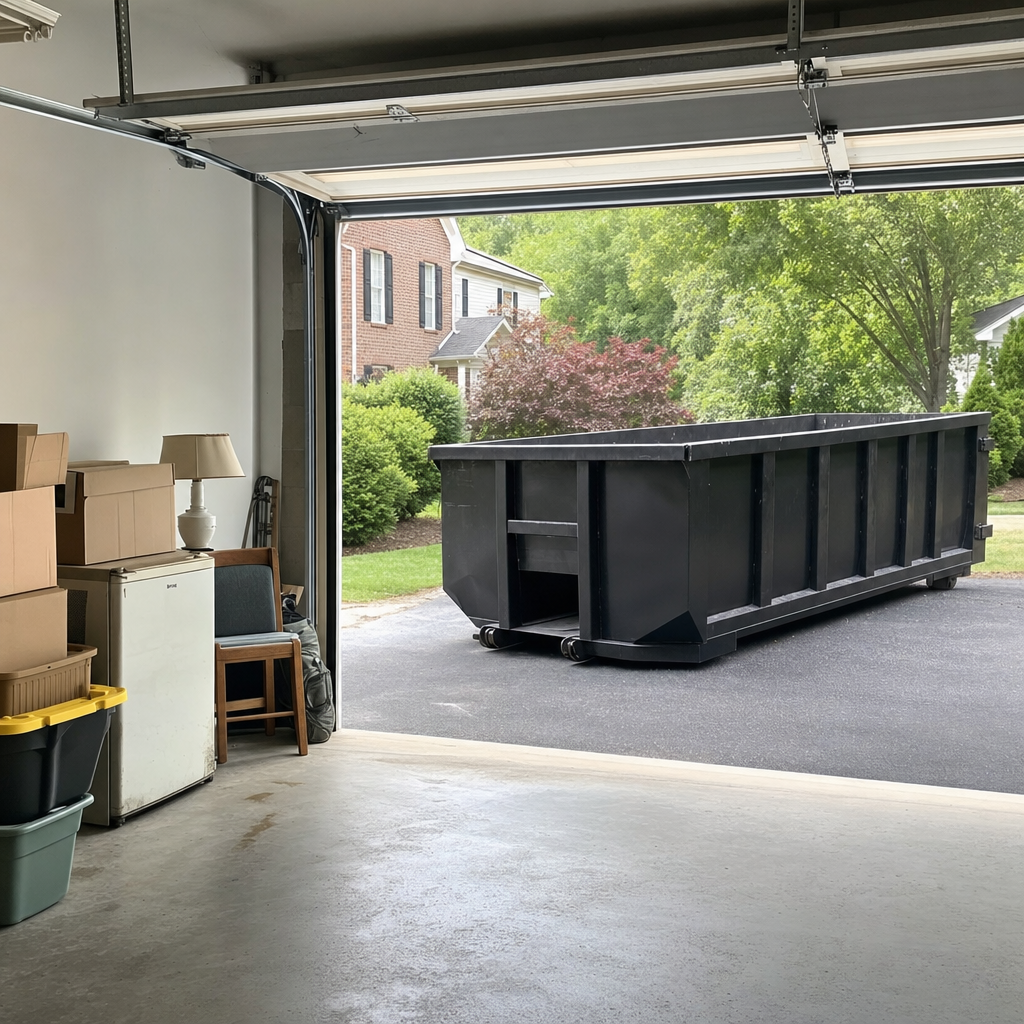Open garage interior in a Lewisville home mid-cleanout — boxed items, an old appliance, and stacked yard tools queued near the driveway for a matte-black roll-off dumpster, organized and calm