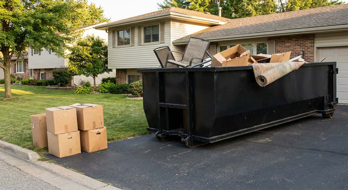 Front-yard view of a Lewisville split-level home with a 20-yard matte-black roll-off dumpster sitting directly on the asphalt driveway, a few clearly labeled donation boxes staged at the curb, calm sunny afternoon.