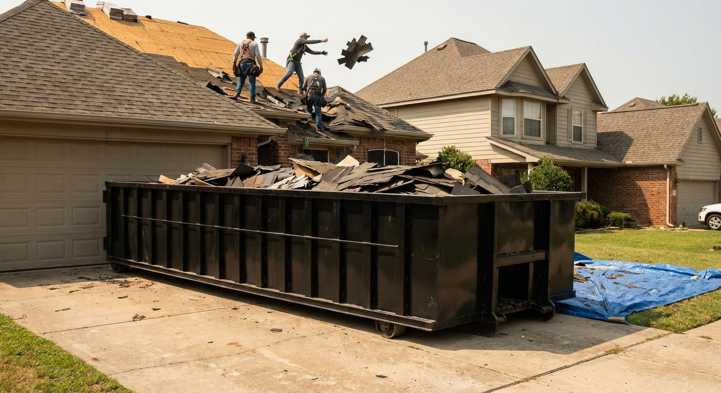 Matte-black roofing roll-off dumpster placed directly on a Lewisville residential concrete driveway, a tear-off crew on a two-story asphalt-shingle roof tossing shingle bundles into the low-walled container, bright daylight, documentary 35mm perspective.