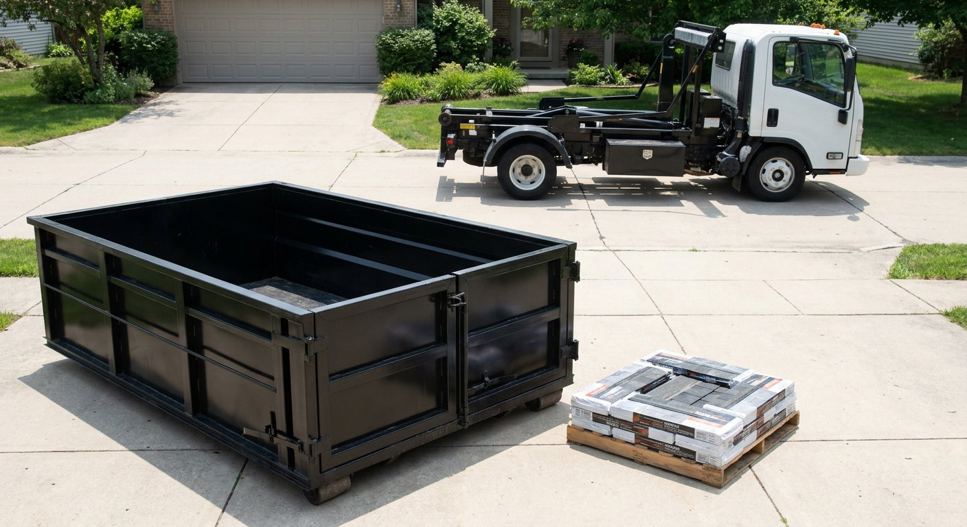 Matte-black 15-yard roofing roll-off dumpster with reinforced low side walls sitting directly on a Lewisville residential concrete driveway, three-tab asphalt shingle bundles stacked nearby, an unmarked white hauler truck partially visible at the edge of the frame.