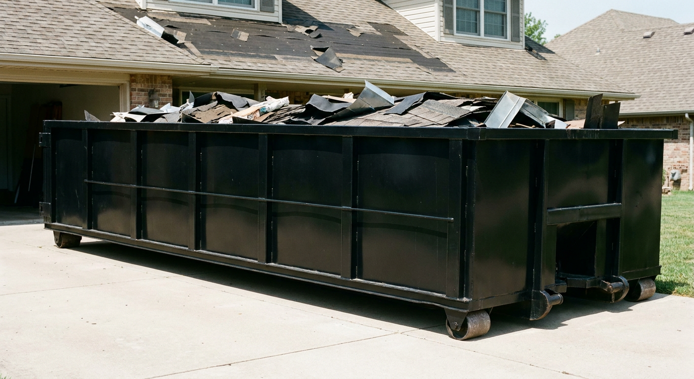 Matte-black 20-yard roofing roll-off dumpster with steel ribbed sides and swinging rear door, sitting directly on the concrete driveway of a two-story Lewisville home, asphalt shingle debris being loaded over the low wall, clean documentary lighting.