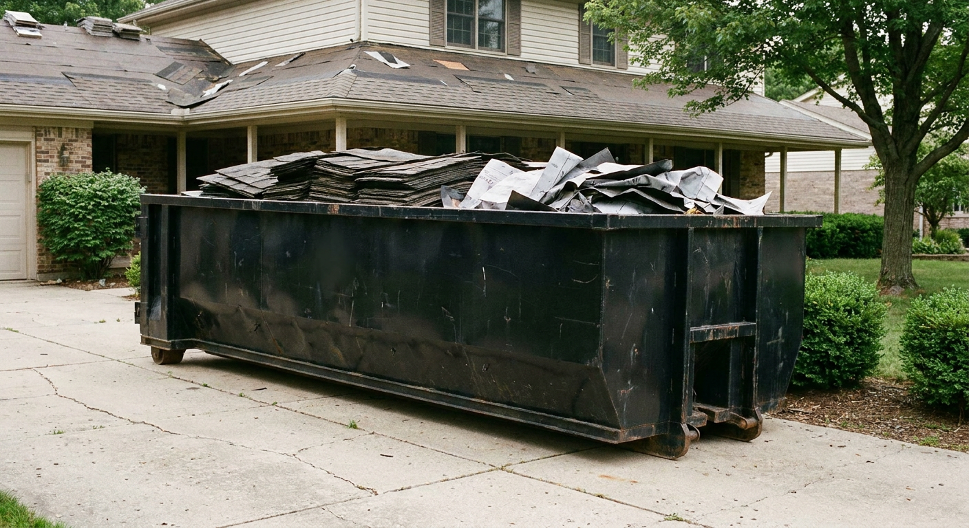 Matte-black 30-yard roofing roll-off dumpster sitting directly on a Lewisville concrete driveway, taller ribbed steel side panels, mixed tear-off debris of asphalt shingles and underlayment inside, professional documentary daylight.