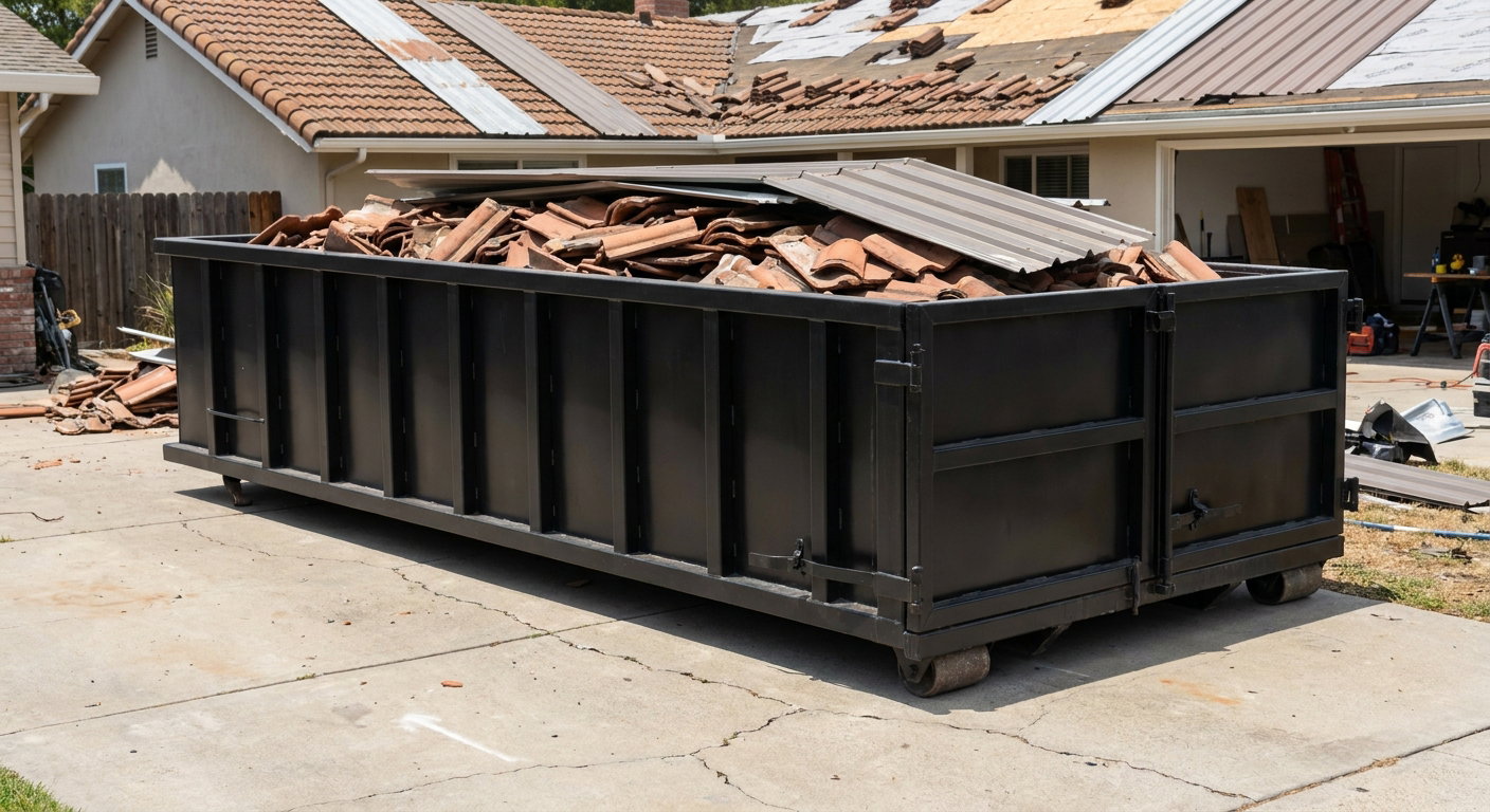 Matte-black low-wall heavy-debris roofing roll-off dumpster sitting directly on a Lewisville concrete driveway, broken concrete clay roof tiles and metal panel sections loaded inside, reinforced ribbed steel side walls visible, bright outdoor daylight.