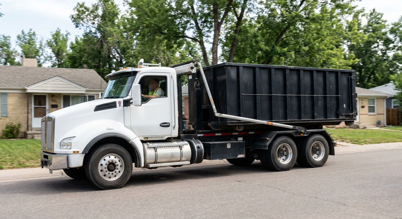 A wide documentary shot of a matte-black roll-off delivery truck pulling onto a quiet Lewisville residential street at mid-morning, with neighborhood rooftops and tree-lined blocks visible behind, showing the metro coverage footprint.