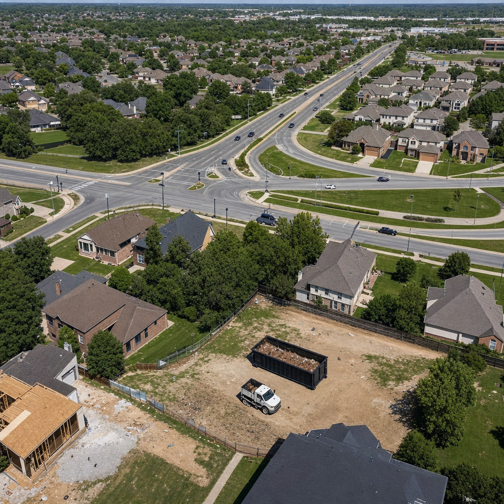 An overhead documentary view of the Lewisville metro area at midday, showing the spread of neighborhoods, arterial roads, and the dispatch radius from a central yard — clean daylight, organized geographic layout.
