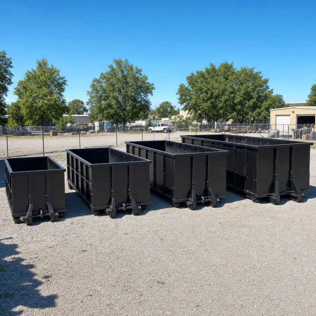 A clean lineup of matte-black roll-off dumpsters in 10, 20, 30, and 40-yard sizes staged on a sunlit gravel yard in Lewisville, showing the size progression from compact to commercial-scale containers.