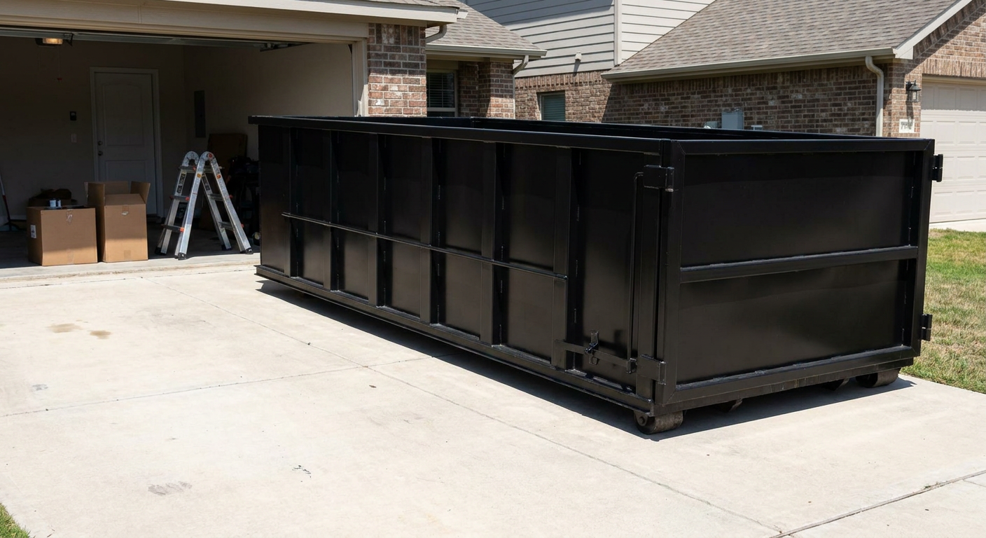 A matte-black 10-yard roll-off dumpster sitting directly on a residential Lewisville concrete driveway, mid-day sunlight, clean and ready for a garage cleanout.