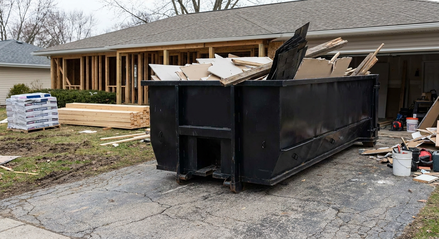 A matte-black 20-yard roll-off dumpster placed alongside a mid-renovation Lewisville home directly on the asphalt driveway, with framing materials and torn-off shingles staged neatly nearby.