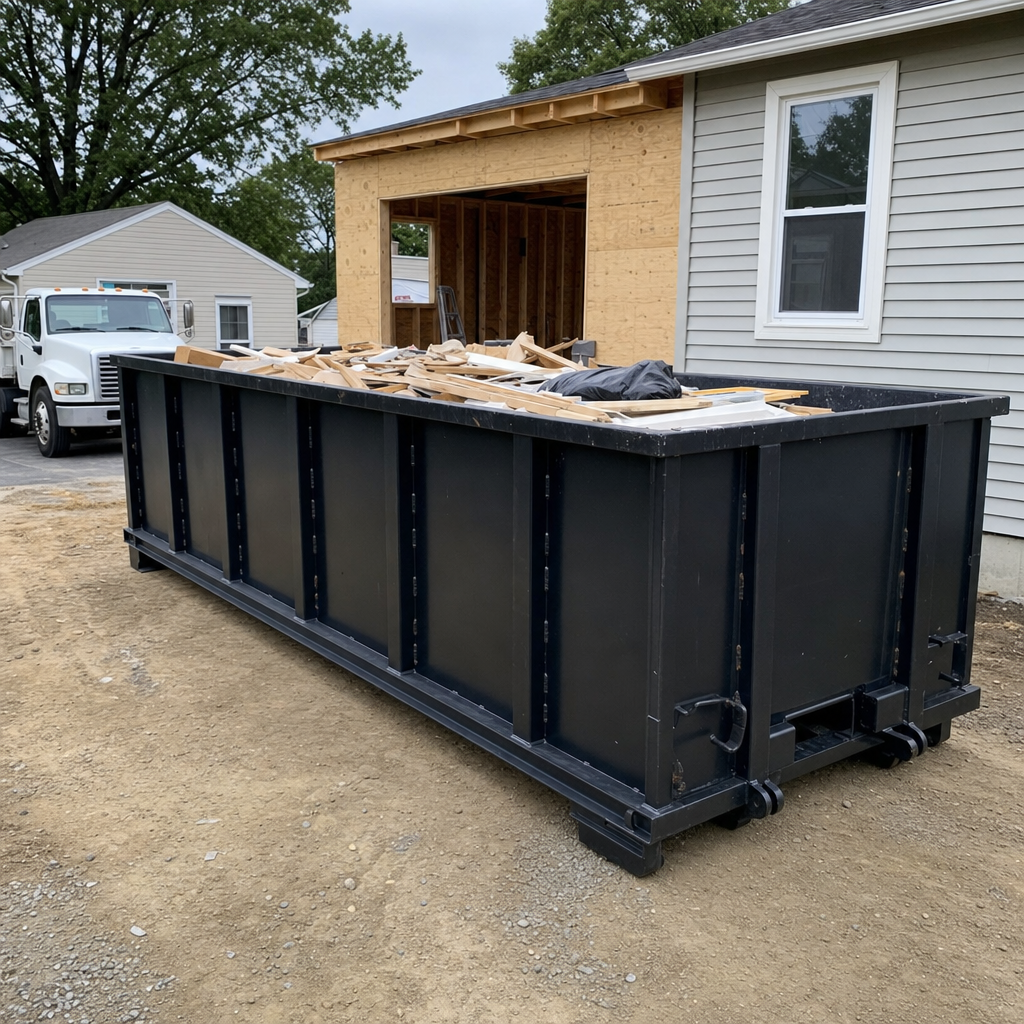 A matte-black 30-yard roll-off dumpster positioned at a Lewisville residential addition jobsite, with framing lumber and drywall scraps loaded through the open swinging rear doors.