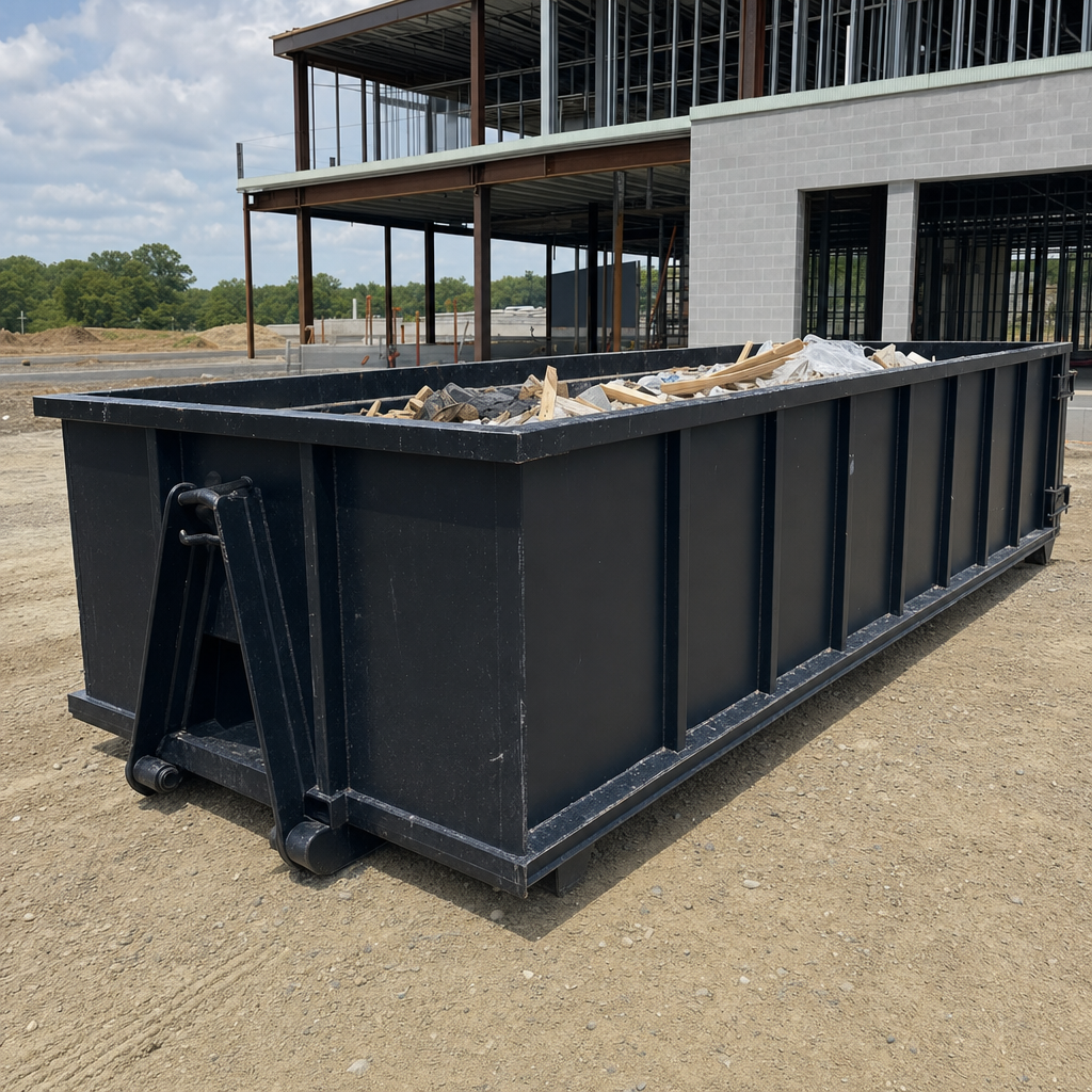 A matte-black 40-yard roll-off dumpster staged on a large Lewisville commercial construction lot, with a hooklift delivery truck parked alongside under bright midday sky.