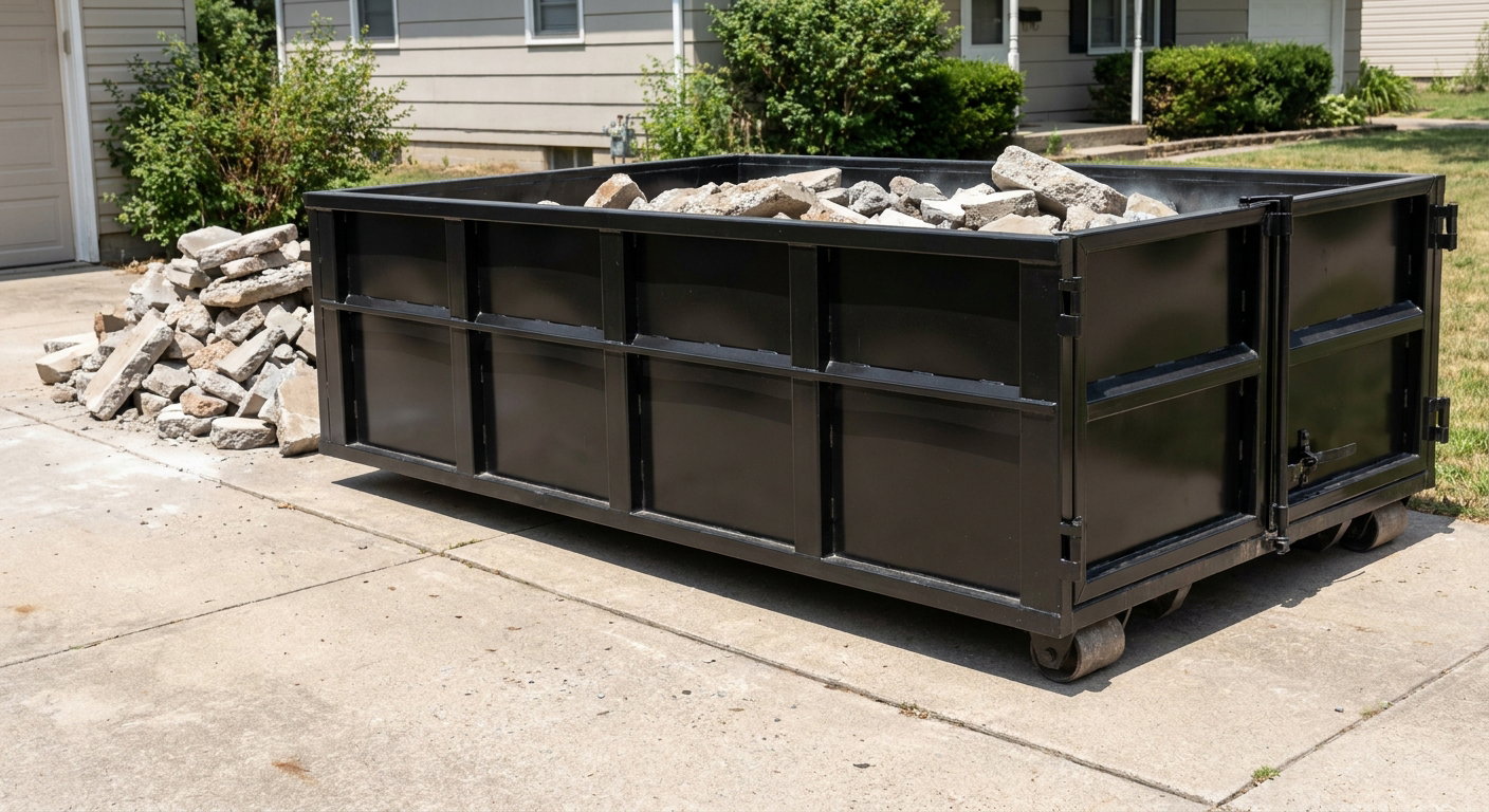 A matte-black low-side heavy-debris roll-off dumpster placed directly on a Lewisville concrete driveway, with broken concrete chunks neatly stacked beside it under clean daylight.